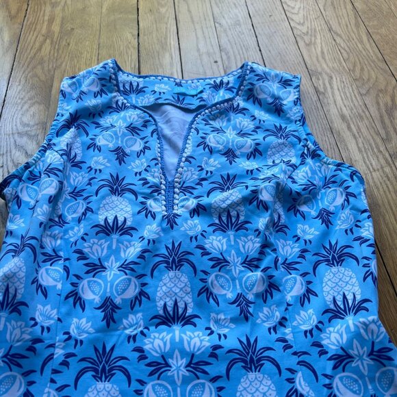 J. McLaughlin Size XS Blue Rue Pineapple Print Sleeveless Split Neck Shift Dress - Picture 6 of 13